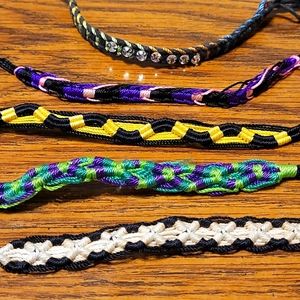Collection of Braided Woven String Bracelets - Set of 5 - Black and Rainbow